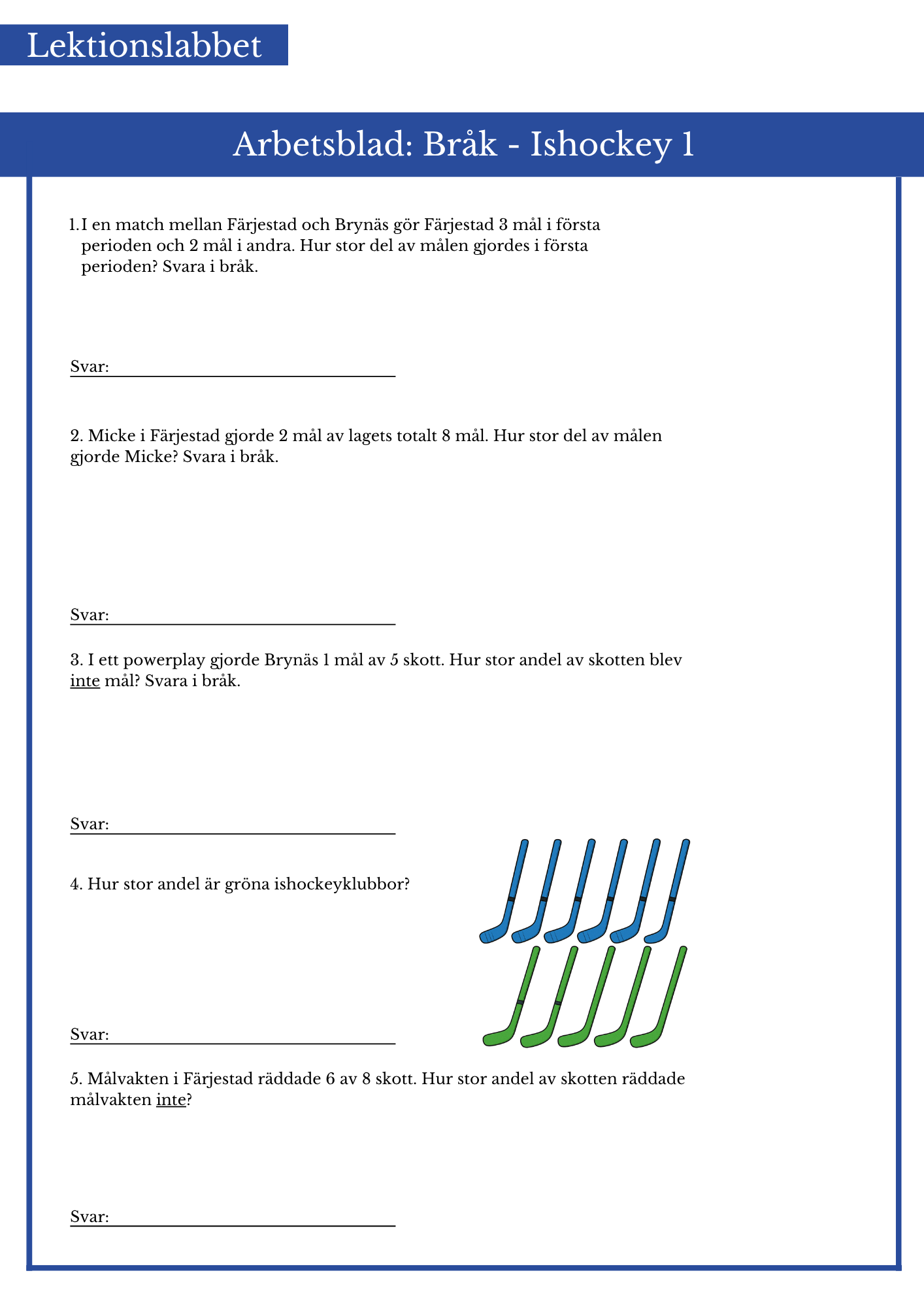 Arbetsblad Bråk -Ishockeymatte - 4-6